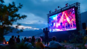 A photograph of a vibrant outdoor setting featuring a large led screen projector in action