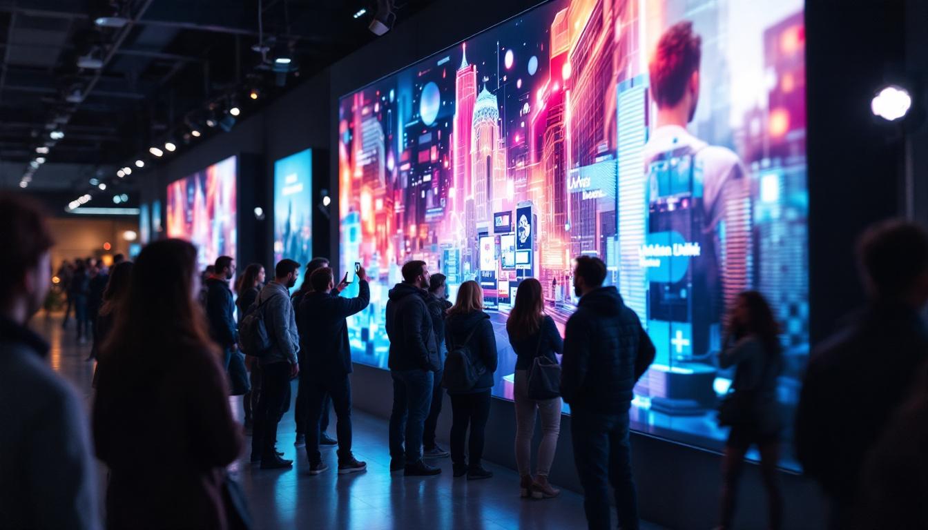 A photograph of a vibrant media wall featuring a large led display in use