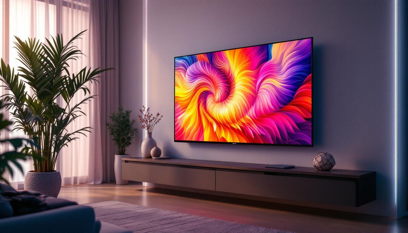 A photograph of a sleek led tv displaying vibrant colors and high-definition content in a modern living room setting