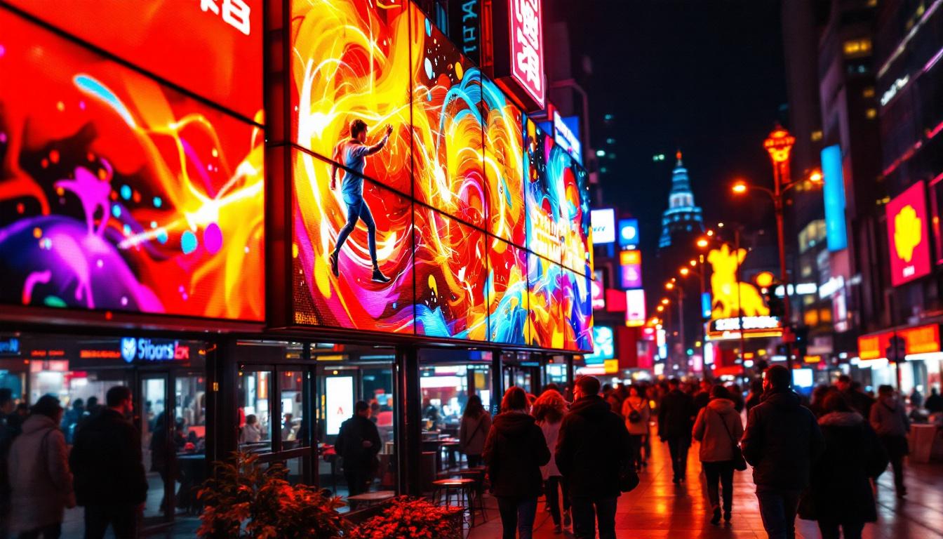 A photograph of a vibrant led display in a bustling urban environment