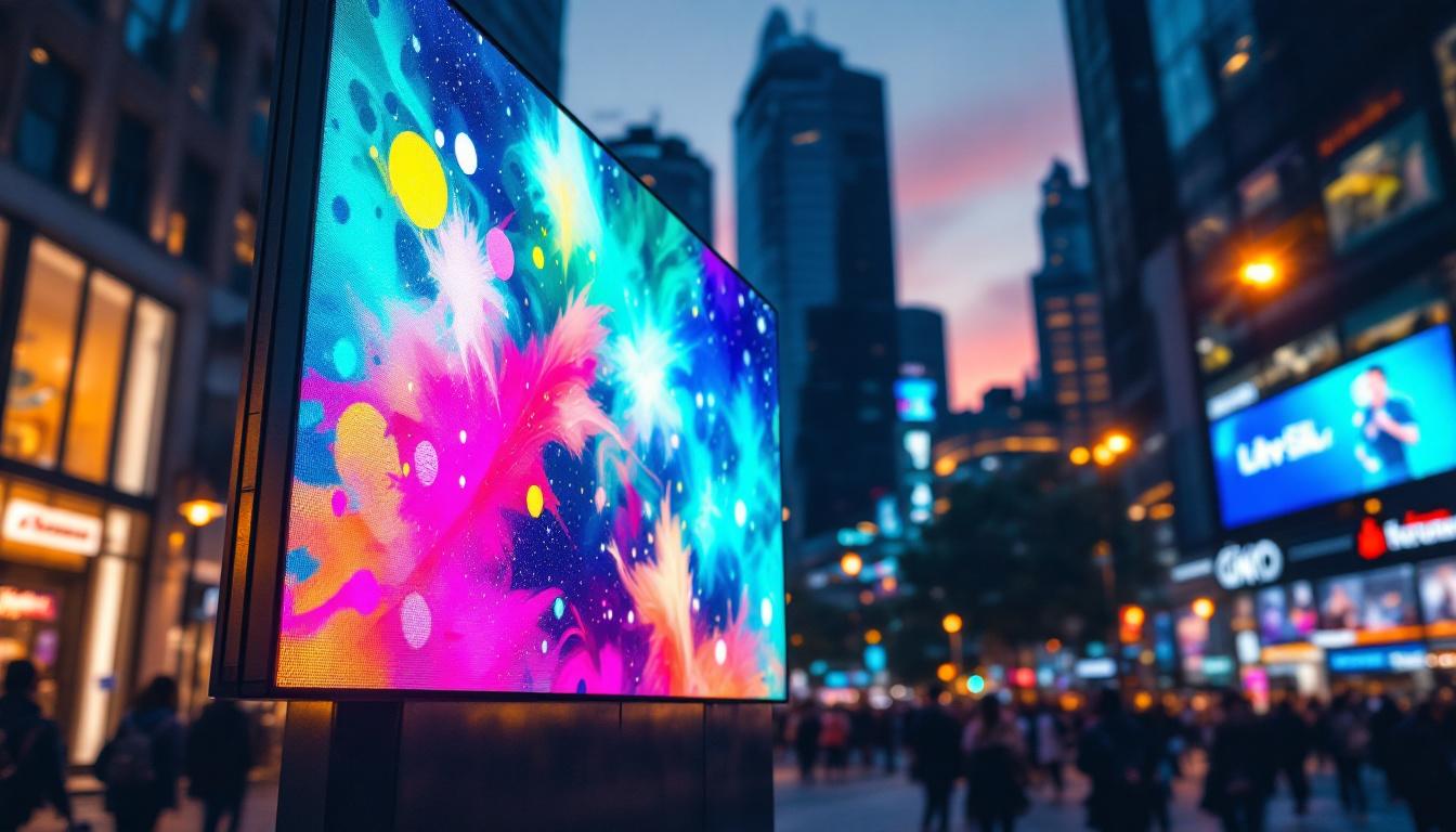 A photograph of a vibrant led projection signage display in an urban setting