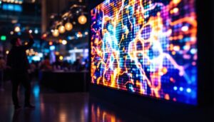 A photograph of a vibrant custom led board in use