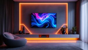 A photograph of a modern living room featuring a stylish tv backdrop wall with an eye-catching led display