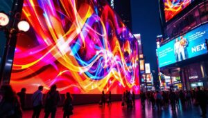A photograph of a vibrant led display in a bustling urban environment