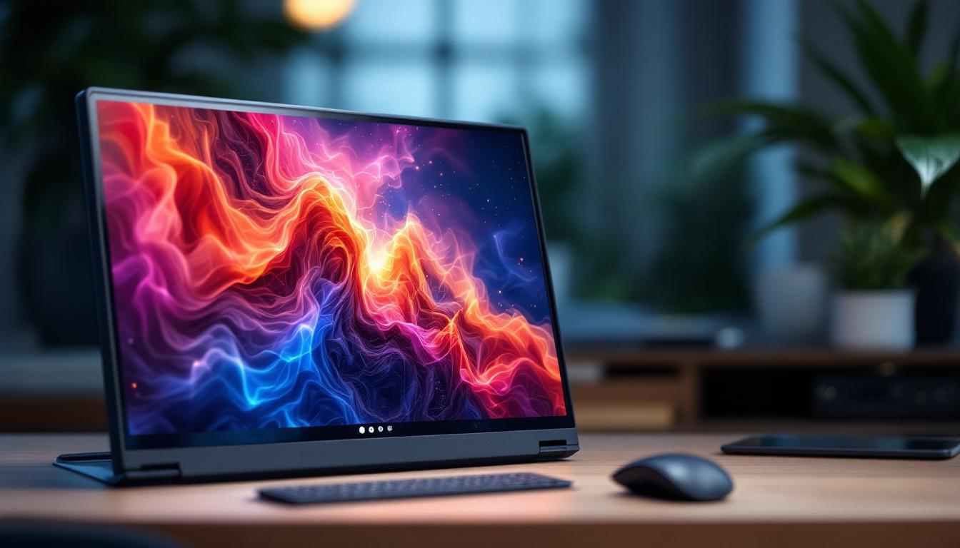 A photograph of a sleek portable monitor displaying vibrant content via miracast
