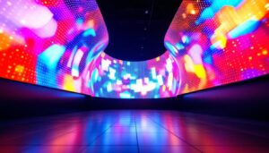 A photograph of a vibrant led display showcasing both convex and concave curves