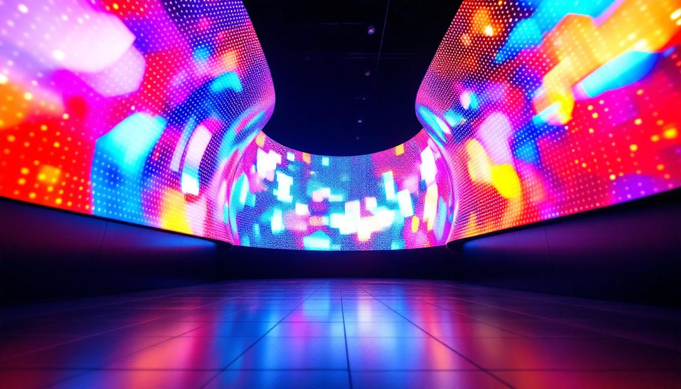 A photograph of a vibrant led display showcasing both convex and concave curves