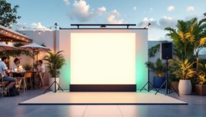 A photograph of a vibrant outdoor scene featuring a backdrop stand with an illuminated led display