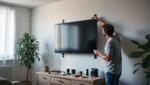 A photograph of a person installing a full motion tv wall mount