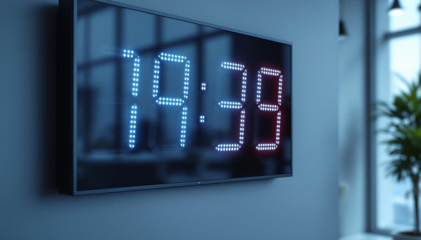 A photograph of capture a photograph of a large digital led wall clock prominently displayed in a modern