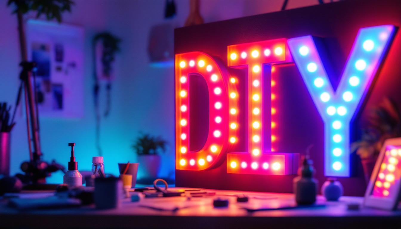 A photograph of a vibrant led sign being assembled or displayed in a creative setting