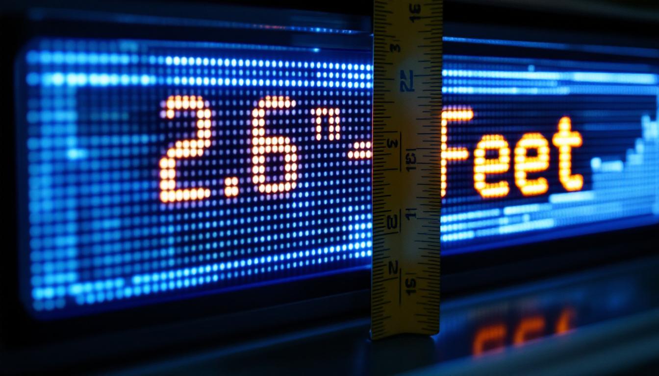 A photograph of a close-up shot of a digital led display showing the conversion of 2.6 meters to feet