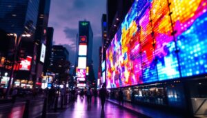 A photograph of a vibrant led display in a bustling urban environment at dusk
