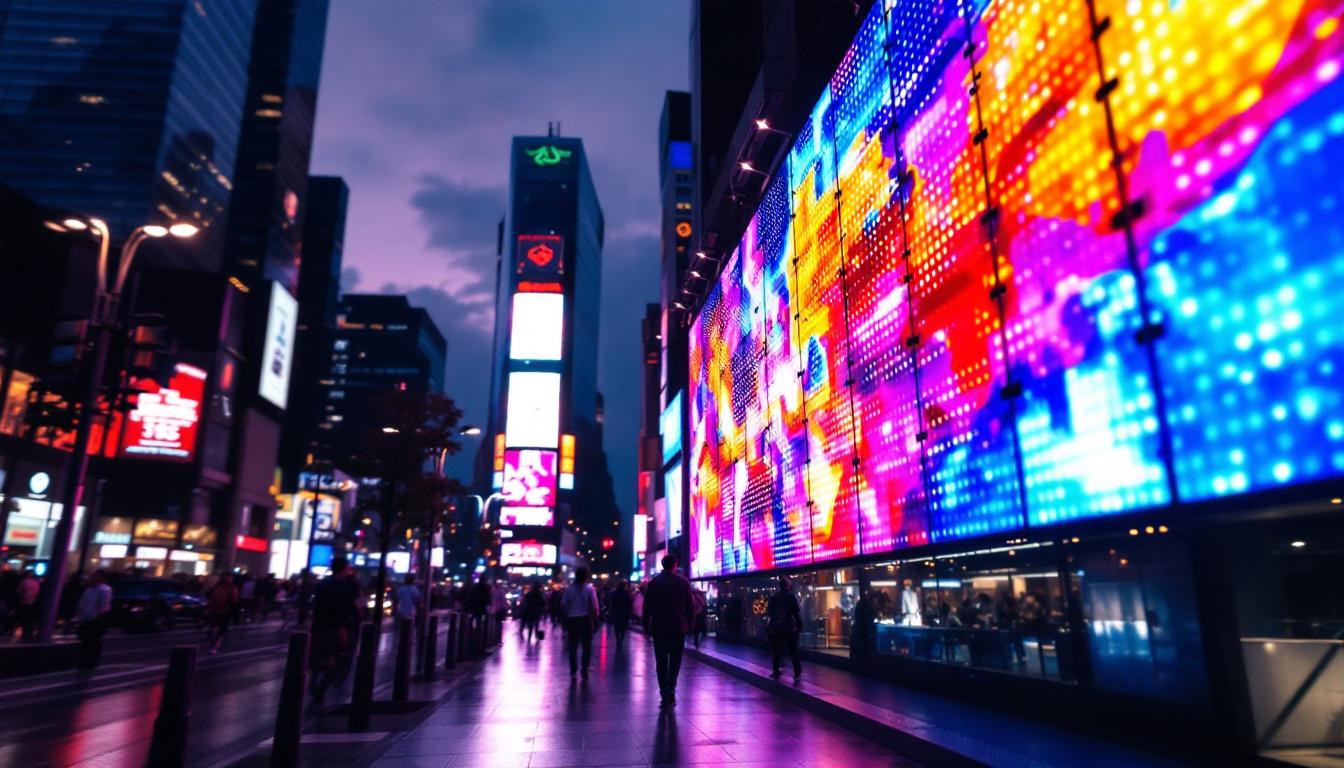 A photograph of a vibrant led display in a bustling urban environment at dusk