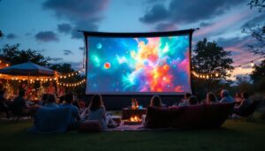 A photograph of a vibrant outdoor movie setup at dusk