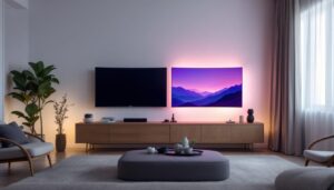 A photograph of capture a photograph of a side-by-side comparison of a curved led tv and a flat led tv in a modern living room setting