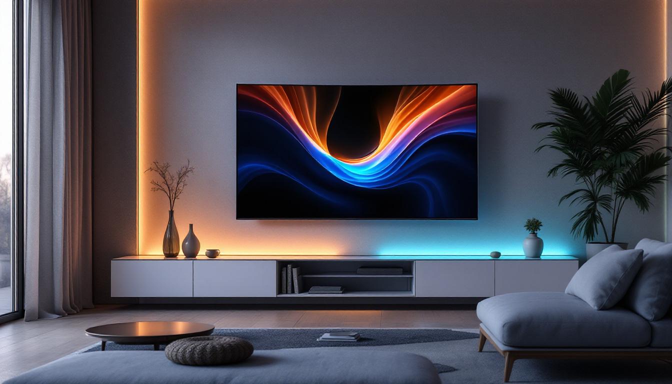 A photograph of a stylish living room featuring a curved screen tv mounted on the wall