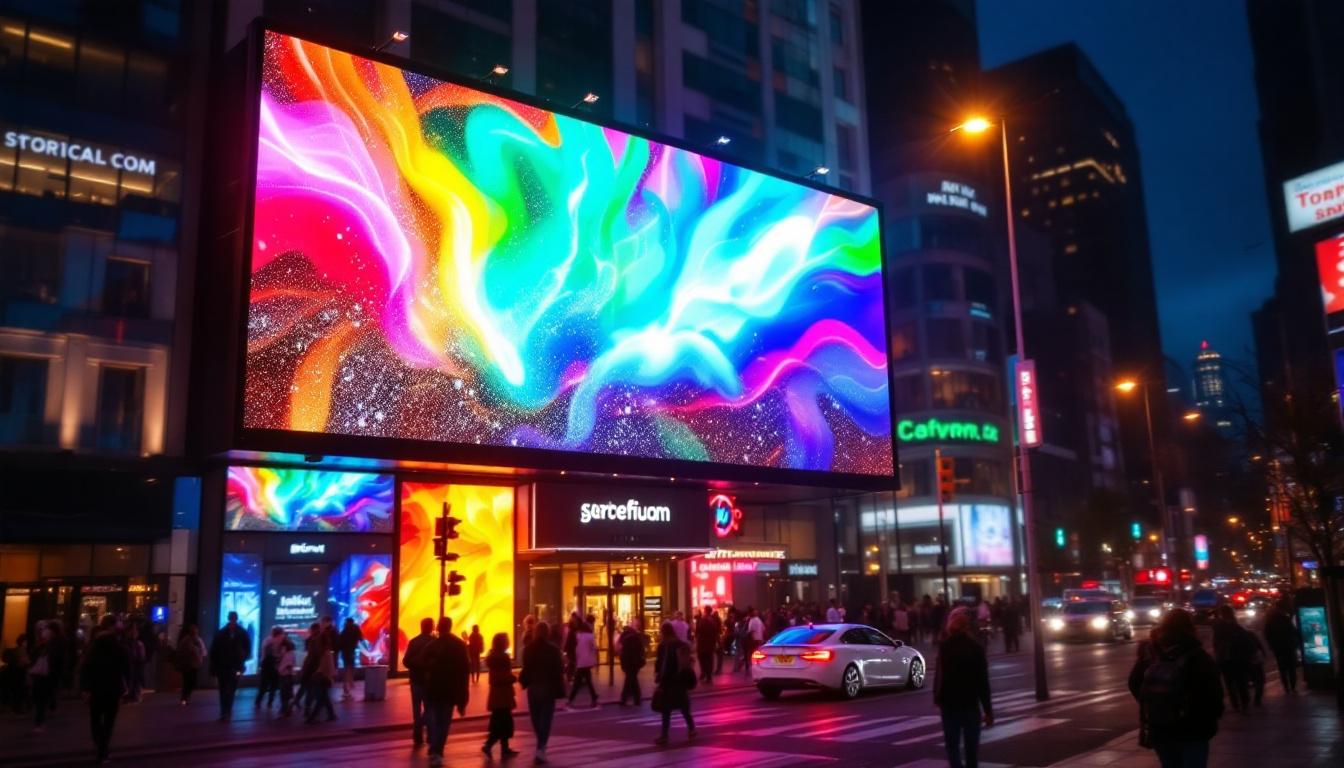 A photograph of a vibrant led display board showcasing dynamic visuals or advertisements in a bustling urban environment