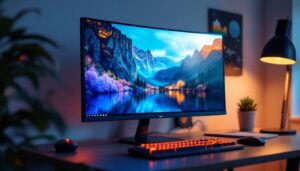 A photograph of capture a photograph of a sleek 21-inch led monitor displaying vibrant