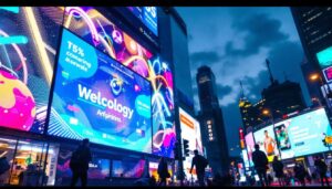 A photograph of a vibrant led display in an urban setting at dusk