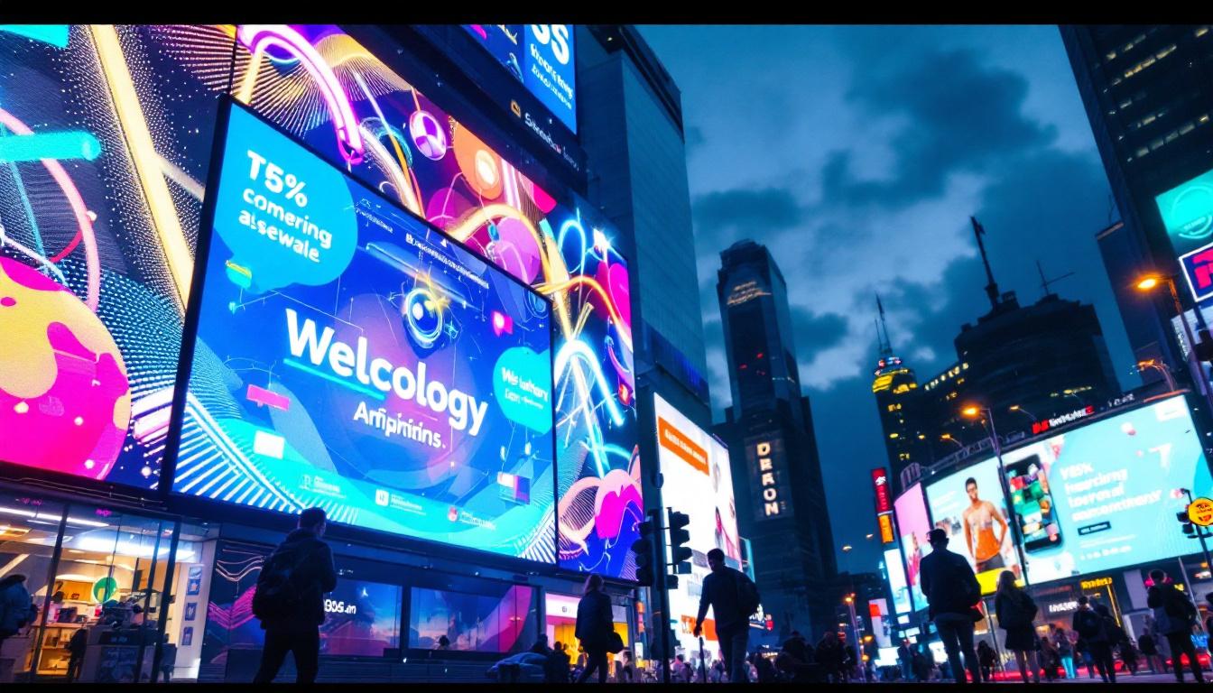 A photograph of a vibrant led display in an urban setting at dusk