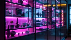 A photograph of a modern large display cabinet featuring vibrant led lighting