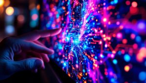 A photograph of a close-up of a vibrant touch screen oled display showcasing vivid colors and sharp details