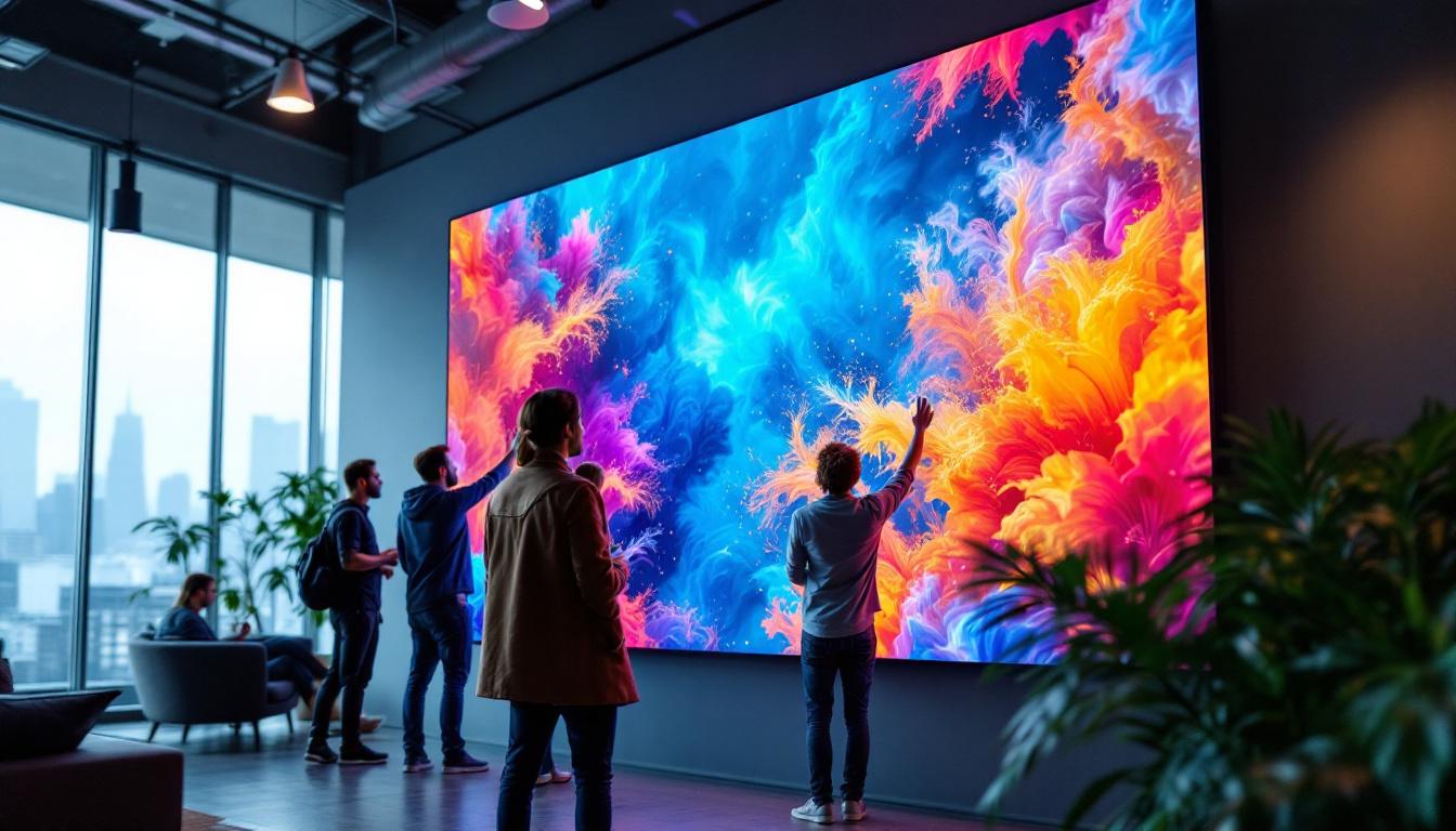 A photograph of capture a photograph of a vibrant samsung led video wall in a dynamic setting