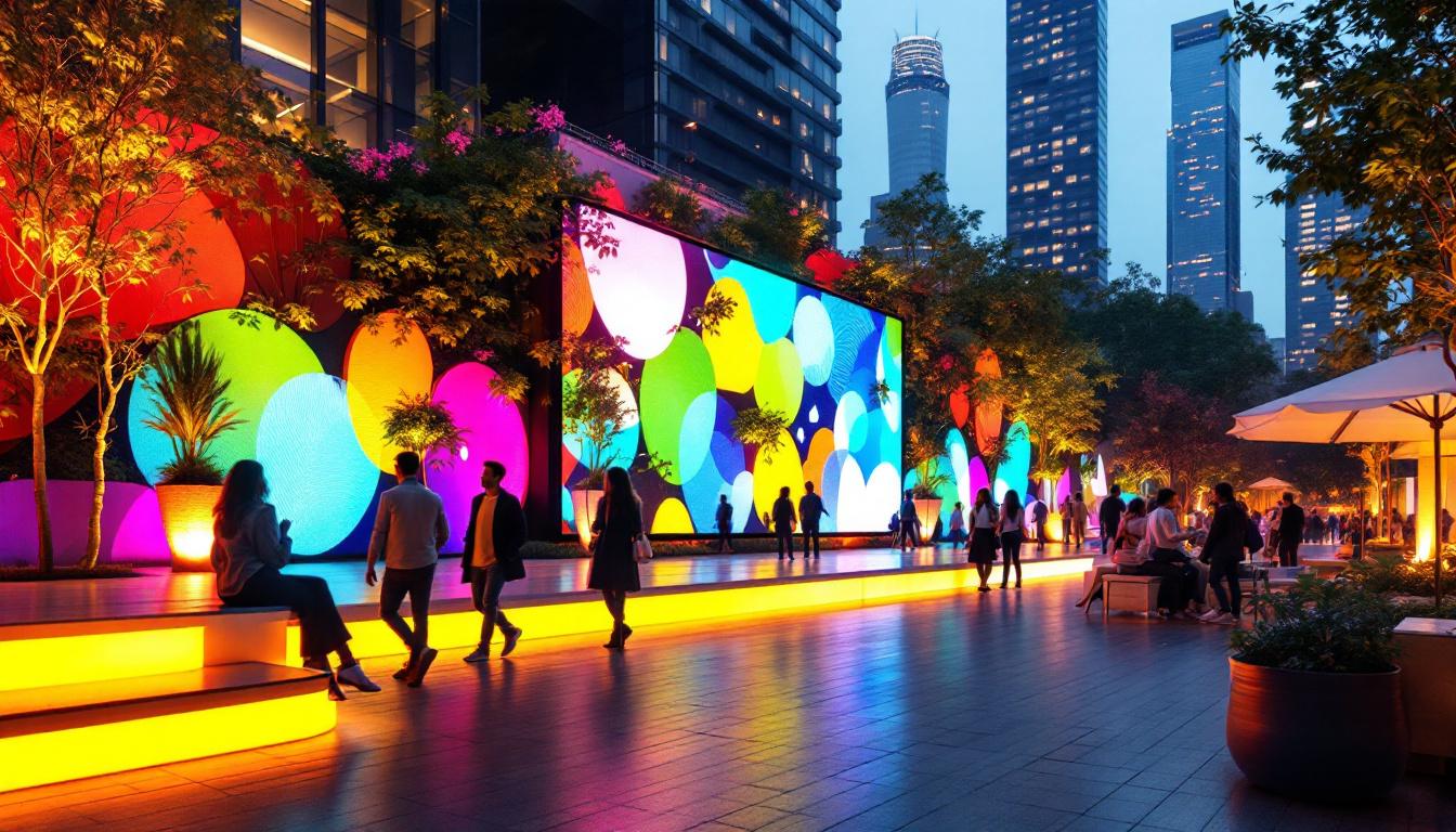 A photograph of a vibrant outdoor setting featuring a modern led display integrated into the landscape