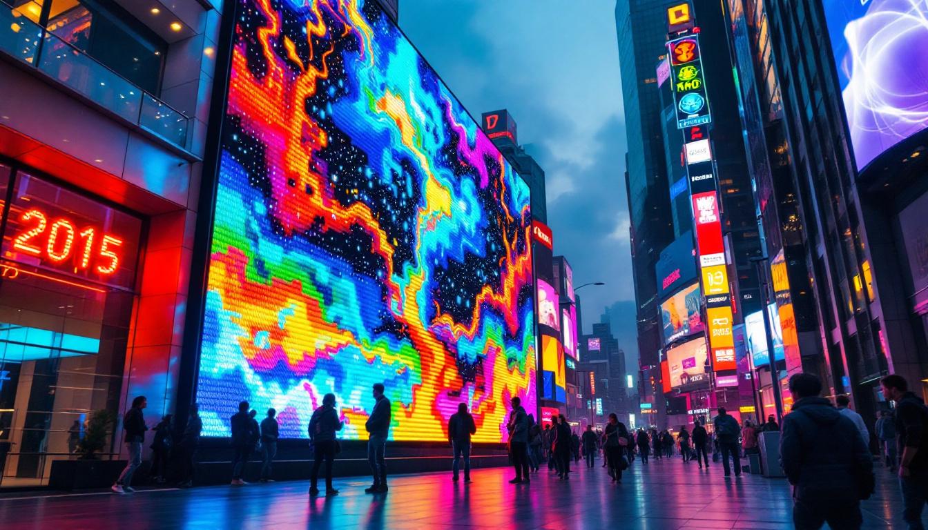 A photograph of a vibrant led display in a dynamic urban setting