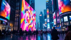 A photograph of a vibrant led display in a bustling urban setting