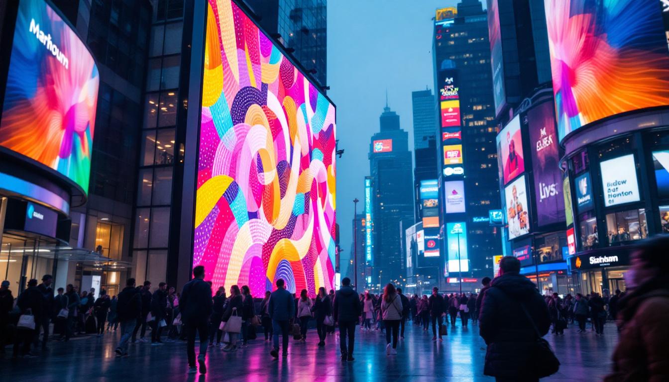 A photograph of a vibrant led display in a bustling urban setting