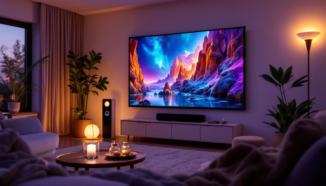 A photograph of a sleek foldable projector screen set up in a cozy home theater environment