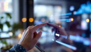 A photograph of a close-up shot of a hand adjusting the brightness settings on a modern led display