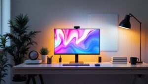 A photograph of a modern workspace featuring a privacy screen for a desk with an led display