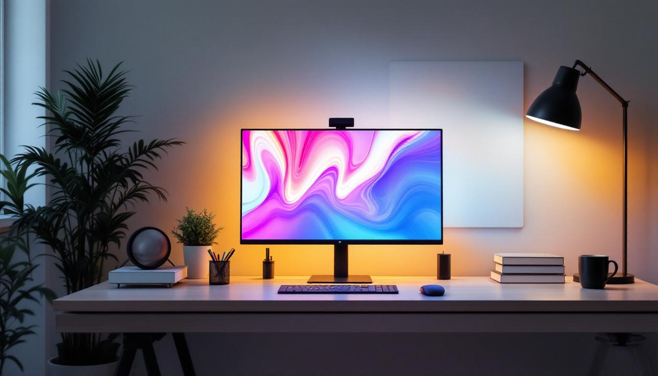 A photograph of a modern workspace featuring a privacy screen for a desk with an led display