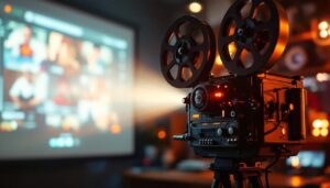 A photograph of a vintage 8mm film projector in action