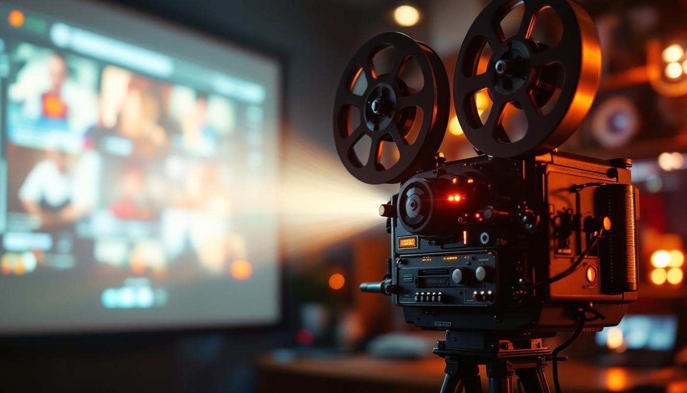 A photograph of a vintage 8mm film projector in action