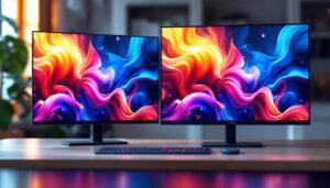 A photograph of a side-by-side comparison of an led display and a full hd display