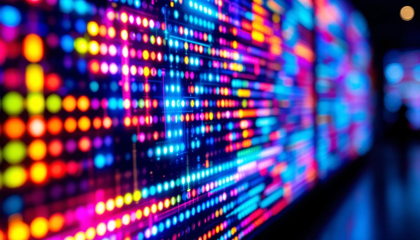 A photograph of a vibrant led display showcasing dynamic visuals and colors