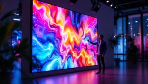 A photograph of a vibrant led display in a modern setting