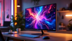 A photograph of a sleek smart touch monitor displaying vibrant