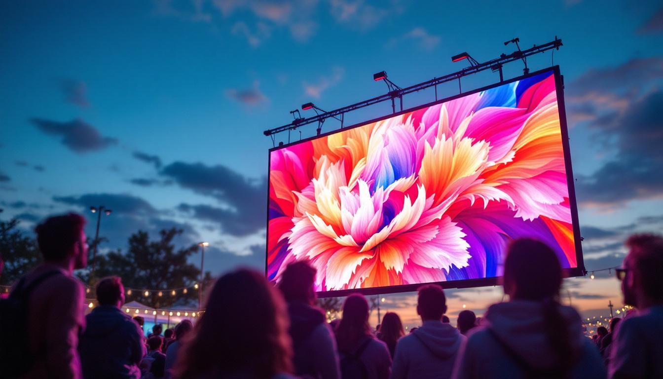 A photograph of capture a photograph of an outdoor setting featuring a vibrant led display projector screen in use