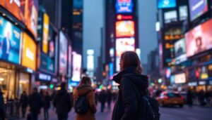 A photograph of a vibrant led display in a bustling urban environment