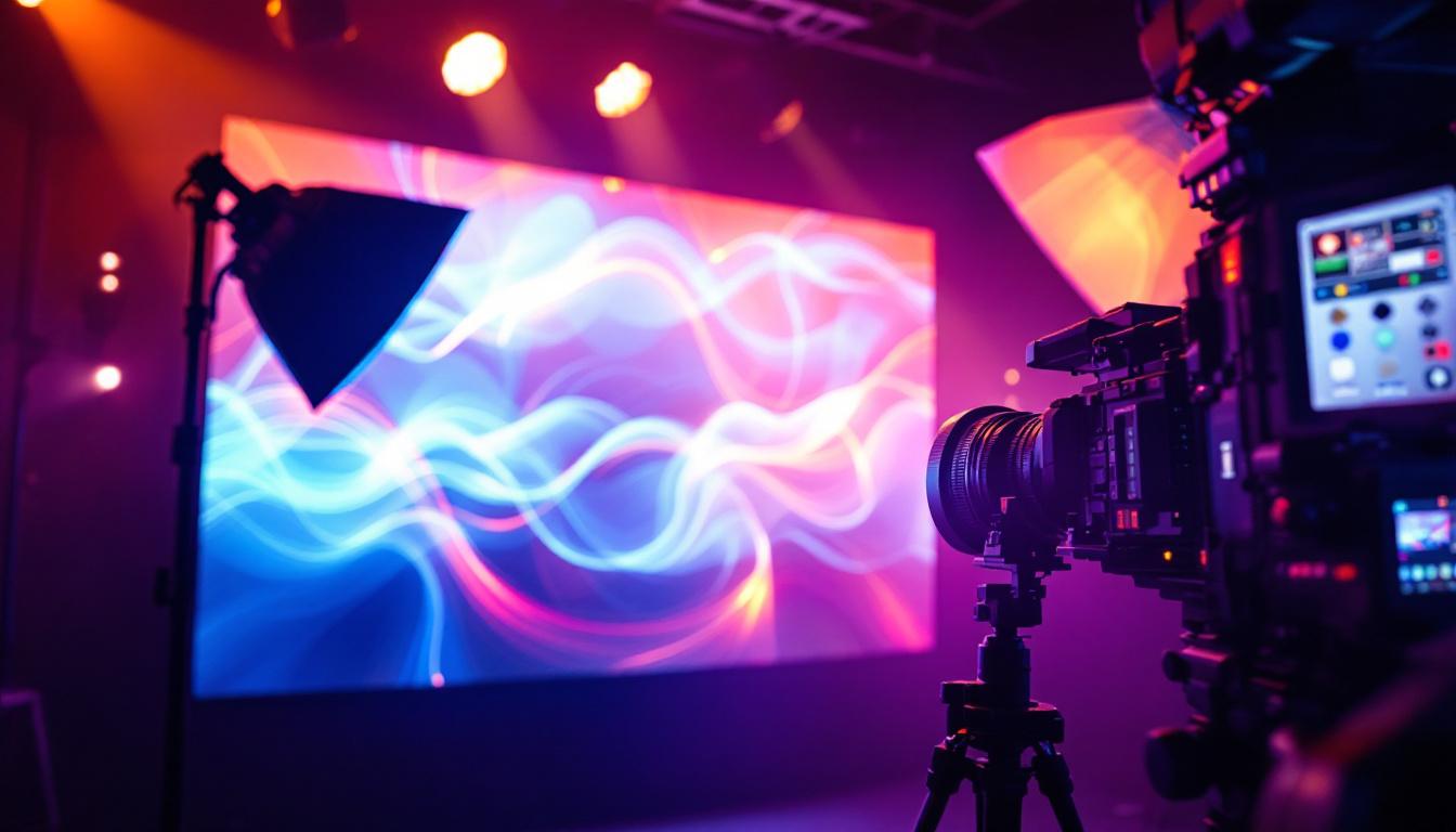 A photograph of a well-lit videography setup showcasing a professional led display in action