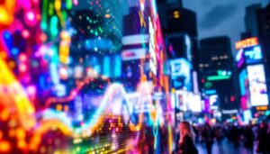 A photograph of a vibrant led display in a bustling urban setting