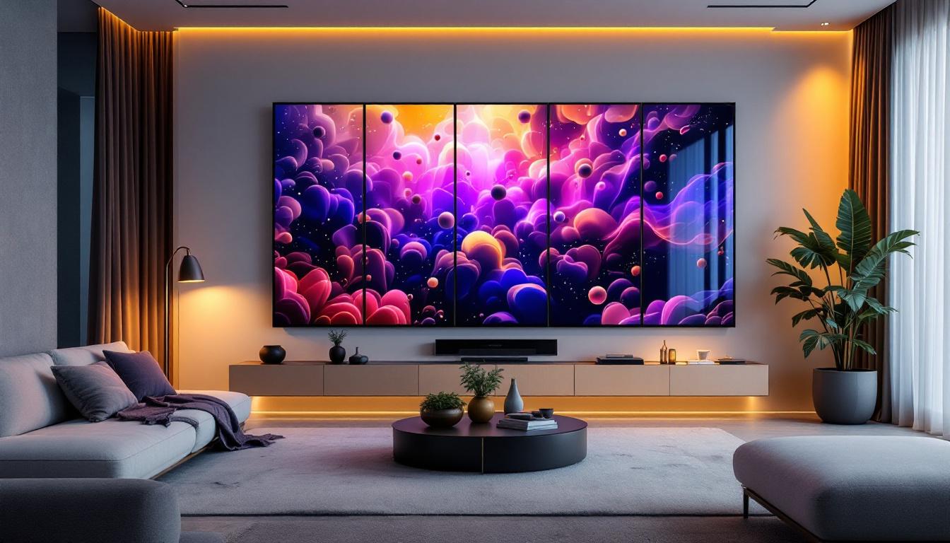 A photograph of a stylishly arranged 6-panel room divider featuring an led display