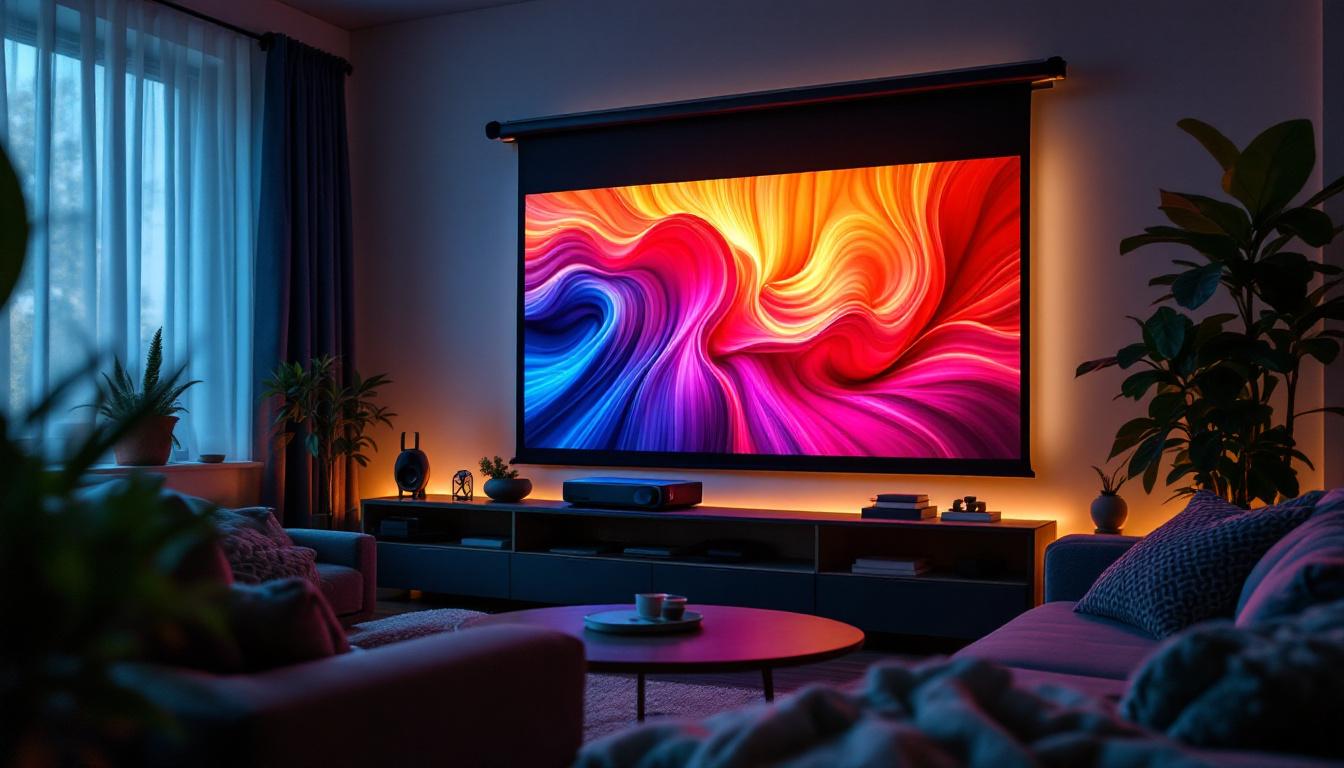 A photograph of a cozy home entertainment setup featuring a sleek led projector displaying a vibrant image on a pull-down screen