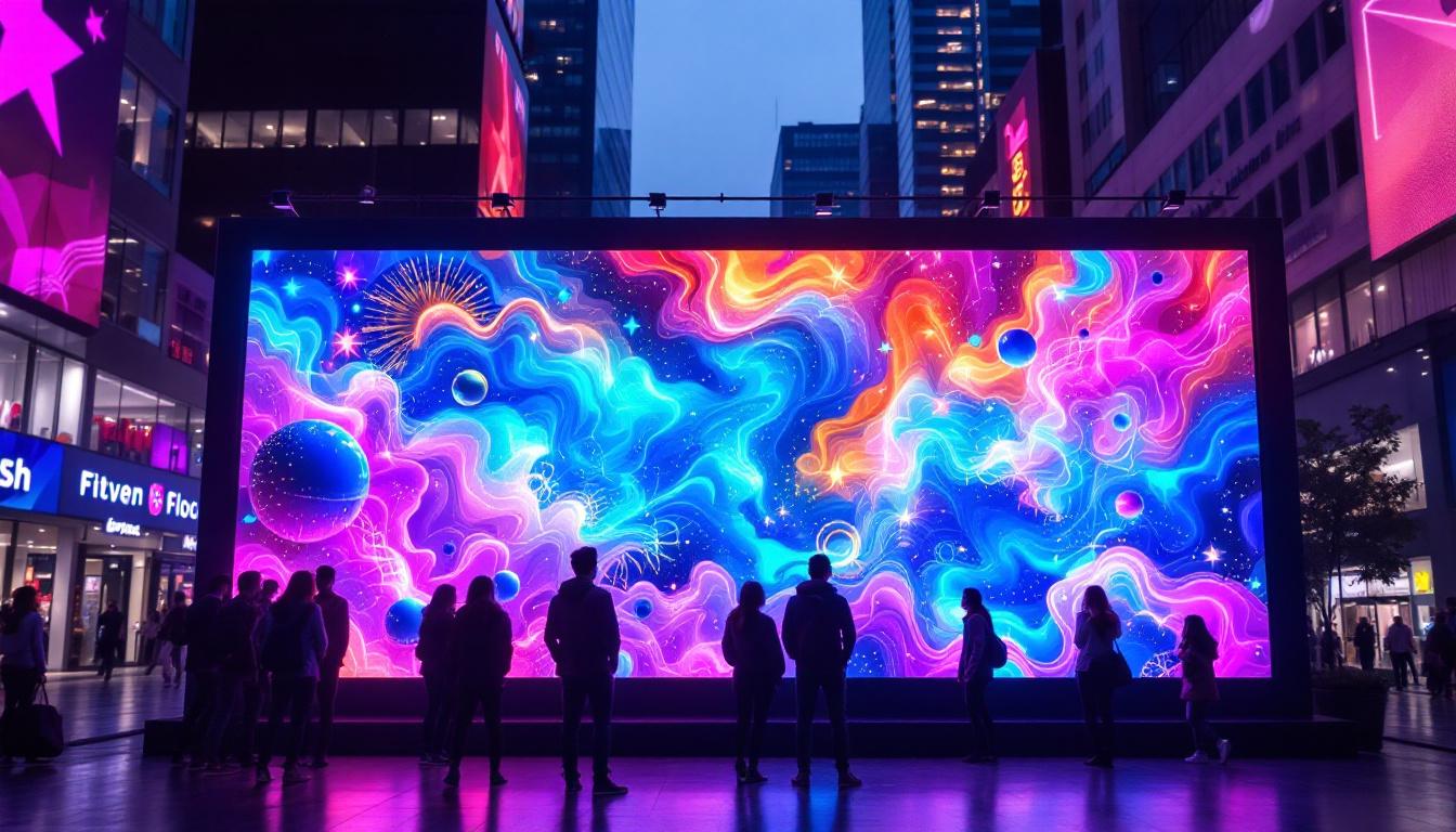 A photograph of a vibrant and dynamic footer wall led display in an urban setting