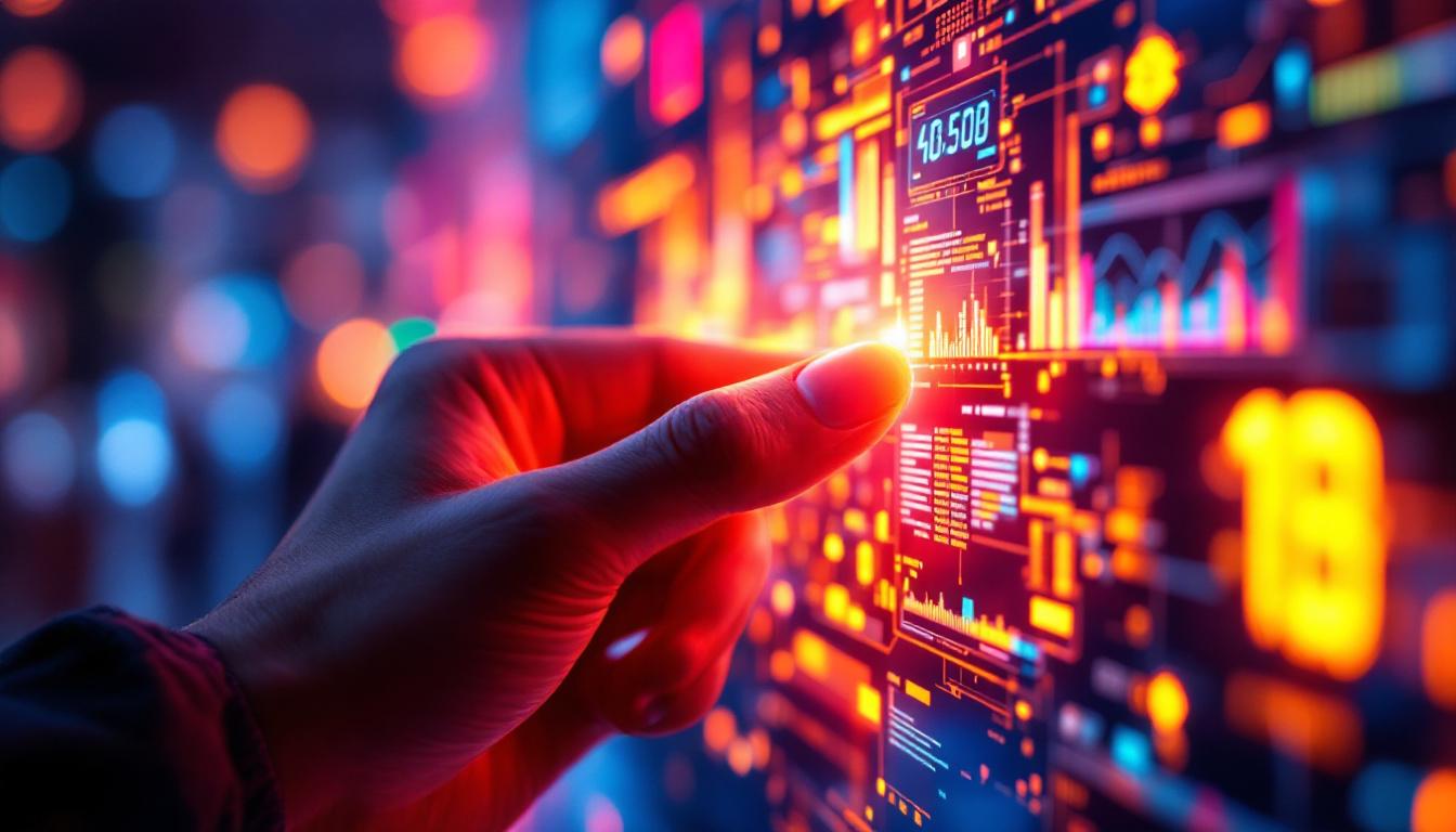 A photograph of a close-up shot of a computer touch screen displaying vibrant led graphics